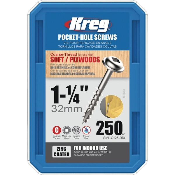 Kreg #8 1-1/4 In. Coarse Maxi-Loc Washer Head Zinc Pocket Hole Screw, 250PK SML-C125-250 - main